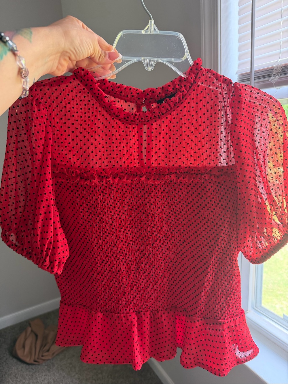 Express Red Polka Dot Ruffle Sleeve Blouse